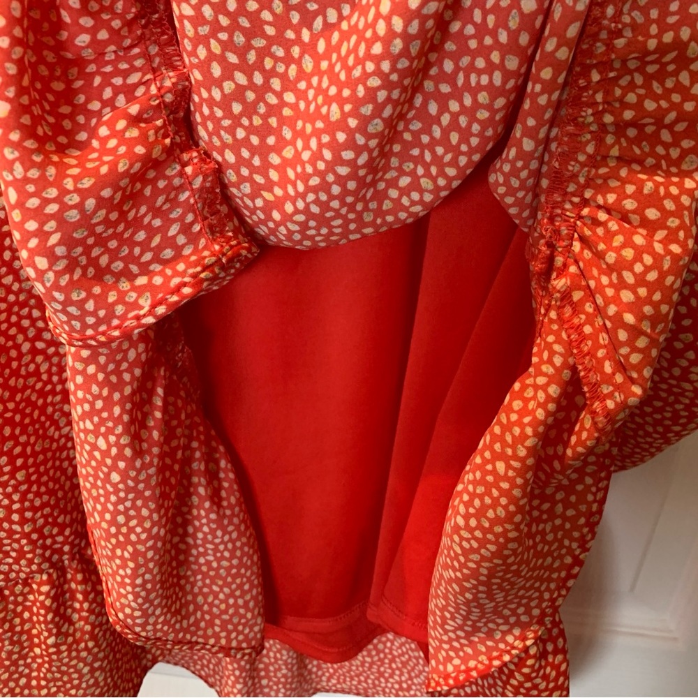ALL IN FAVOR Cross Over Tie Front Ruffle Midi Patterned Sundress Orange Medium - Picture 7 of 13
